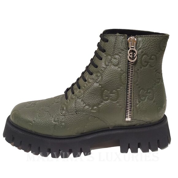 GUCCI BOOTS MENS ANKLE GREEN GG LOGO LEATHER ZIPPER LACE-UP sz 10 10.5 - Picture 9 of 16